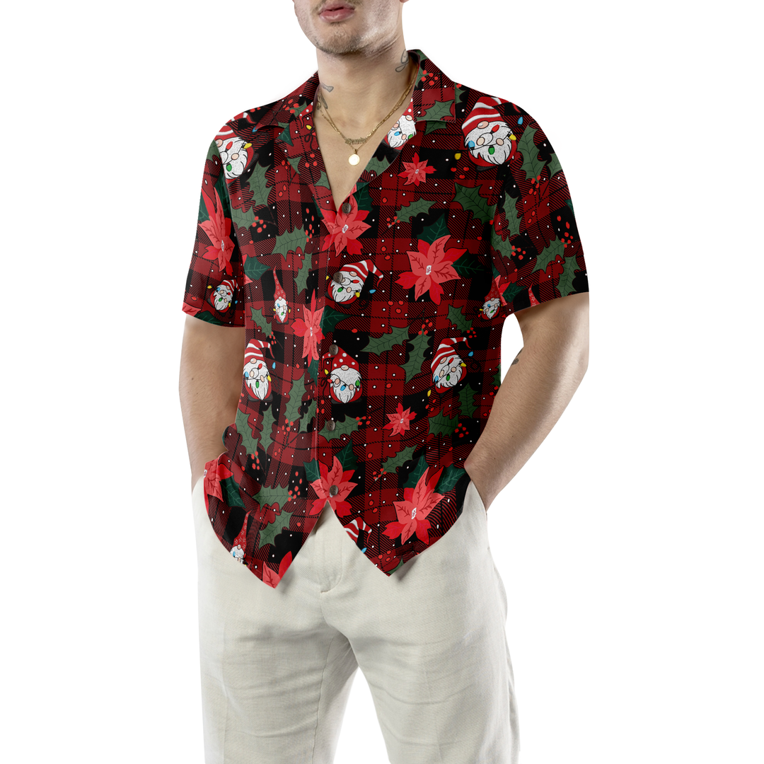 Drune | Hyperfavor Weihnachts-Hawaiianhemden, Gnome mit rotem Karomuster kurzärmliges Hemd, Weihnachtshemden Geschenkidee für Männer und Frauen