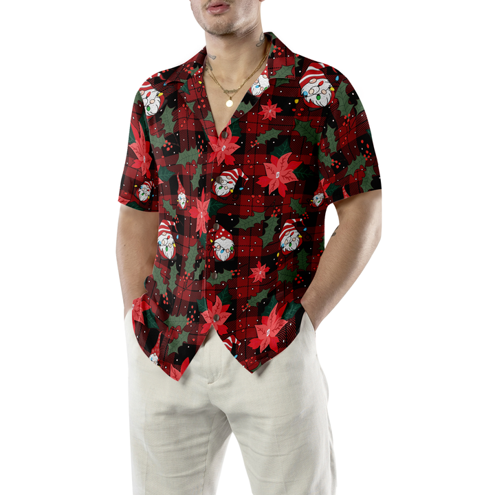 Drune | Hyperfavor Weihnachts-Hawaiianhemden, Gnome mit rotem Karomuster kurzärmliges Hemd, Weihnachtshemden Geschenkidee für Männer und Frauen