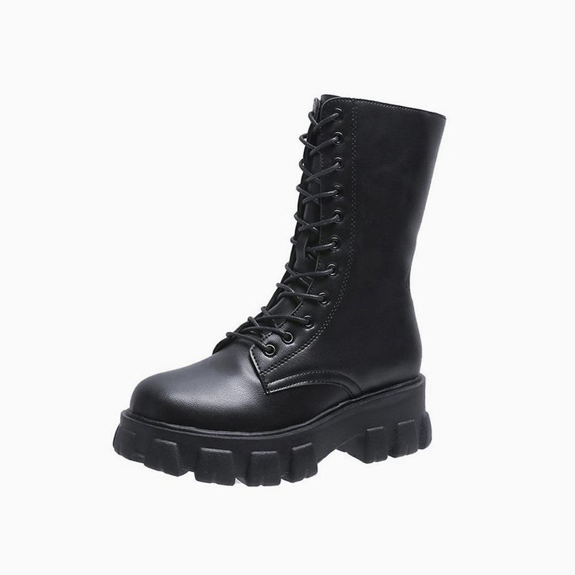 Drune | Moderne Schnürverschluss Reißverschluss Seiten Profilsohle Chunky Heel Stiefel Bis Zur Wade
