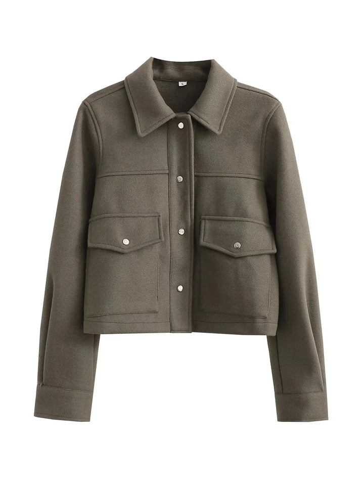 Drune | Damen cropped Jacke – taillierte Passform – Wollmischung – Knopfverschluss – Utility-Stil