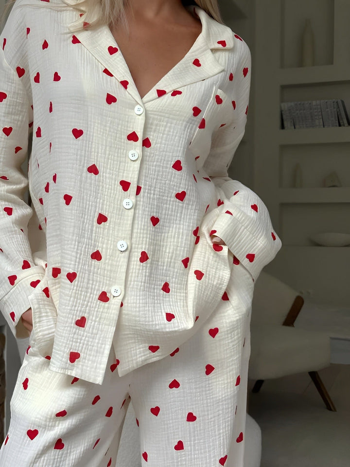 Damen Ästhetisches Herz Pyjama Set Weich Baumwolle Bequem