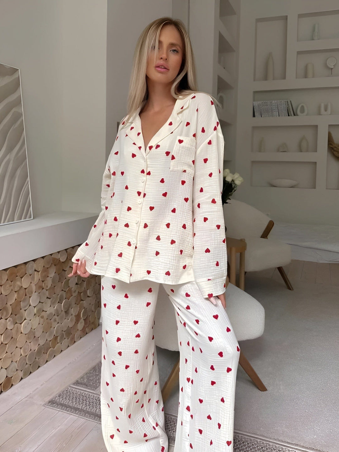Damen Ästhetisches Herz Pyjama Set Weich Baumwolle Bequem