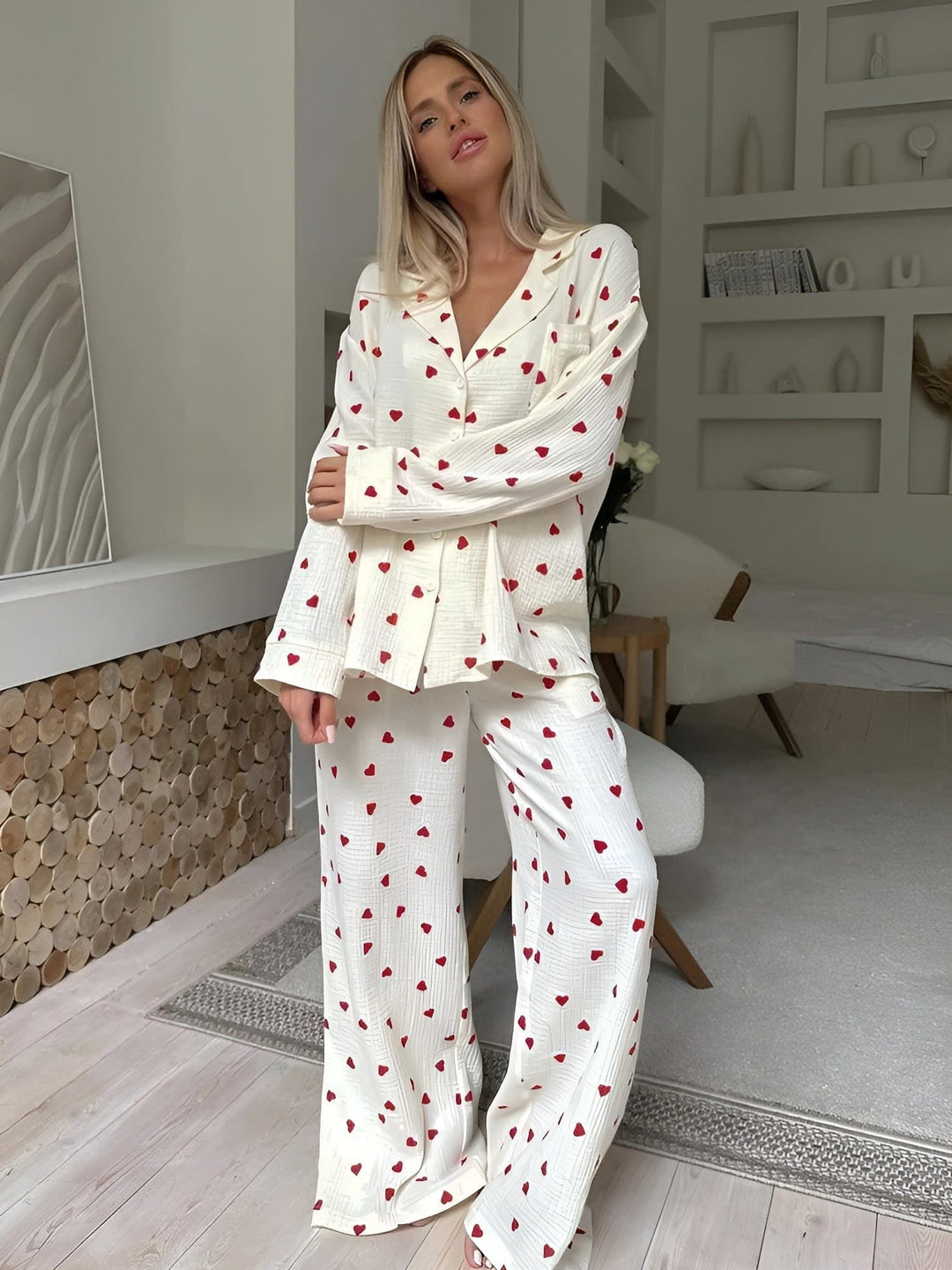 Damen Ästhetisches Herz Pyjama Set Weich Baumwolle Bequem