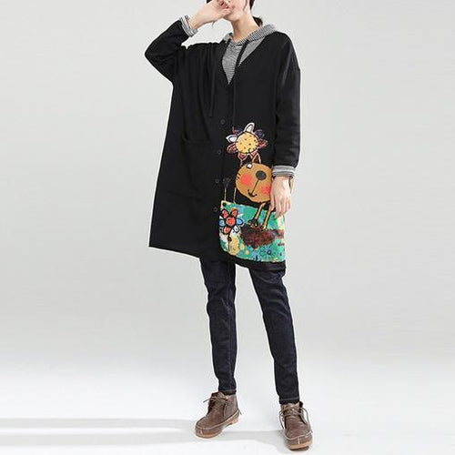 Drune | Herbst Schwarz Passform Baumwollmäntel locker lässig Kapuzenstrickjacke Cartoon-Druck