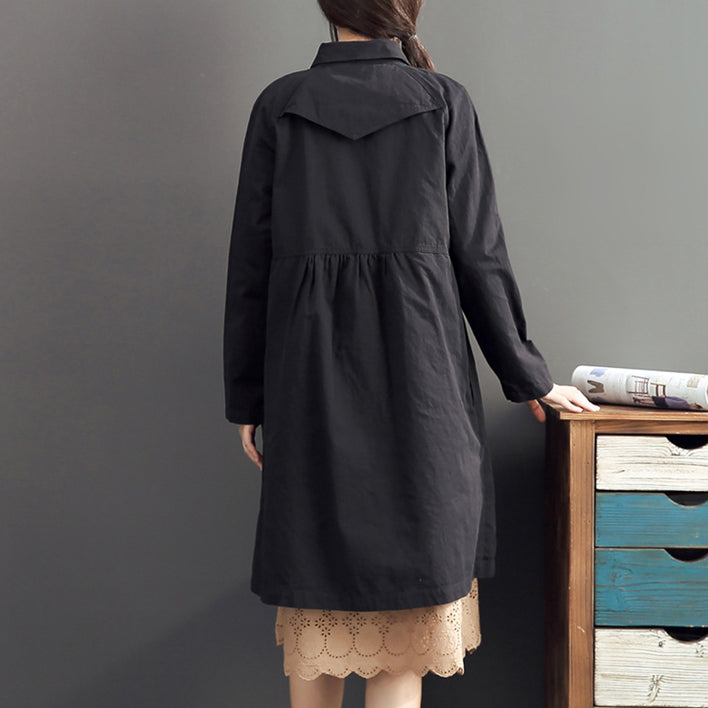 Drune | mode schwarze Baumwolle lange Oberbekleidung Übergrößen hohe Taille warme doppelte Brust Trenchcoats