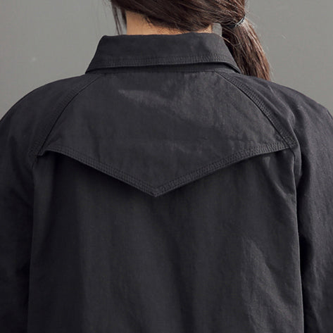 Drune | mode schwarze Baumwolle lange Oberbekleidung Übergrößen hohe Taille warme doppelte Brust Trenchcoats