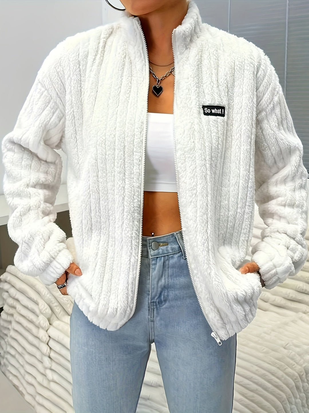 Drune | Reißverschluss Teddyjacke mit Rippungen und langen Ärmeln