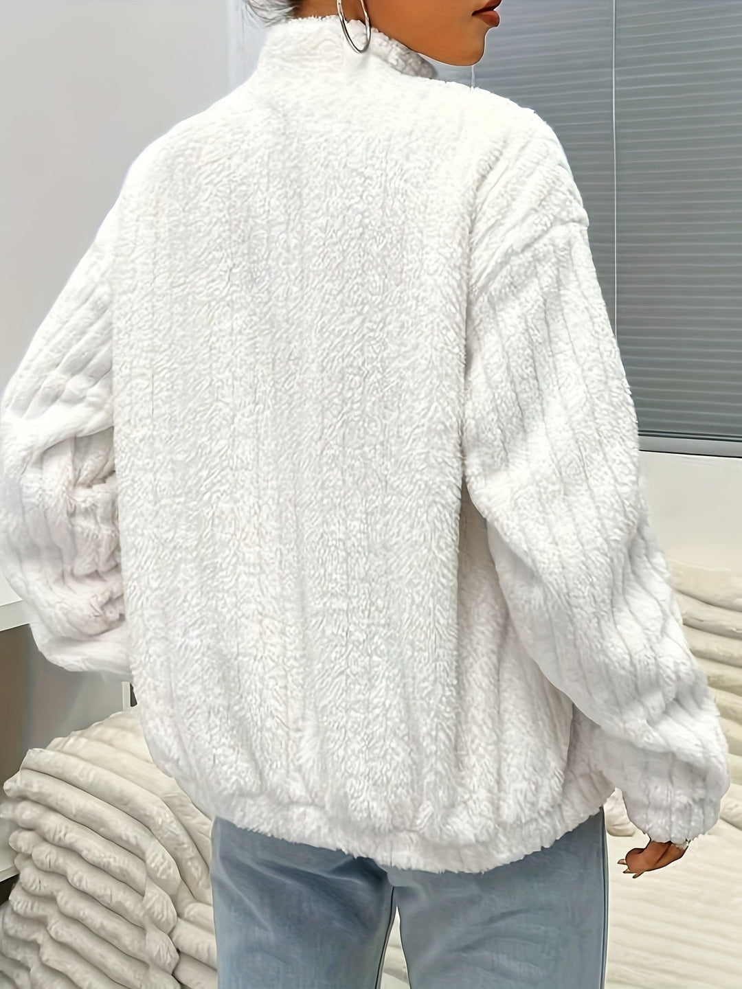 Drune | Reißverschluss Teddyjacke mit Rippungen und langen Ärmeln