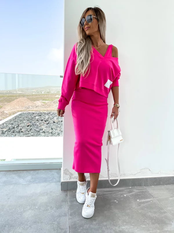 Drune | Stilvolles Off Shoulder Crop Top und Midi Rock Set