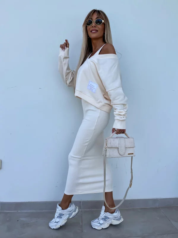 Drune | Stilvolles Off Shoulder Crop Top und Midi Rock Set