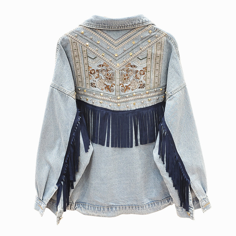 Drune | Brooklynn Jeansjacke Ein einzigartige Jacke mit Blumenmuster und Fransen