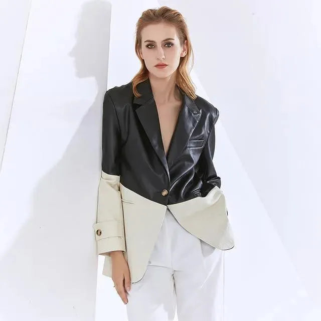 Drune | Patchwork PU Leder Blazer Damen - Casual - Patchwork