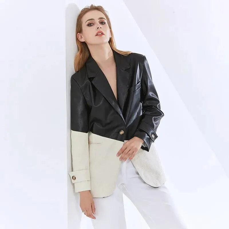 Drune | Patchwork PU Leder Blazer Damen - Casual - Patchwork