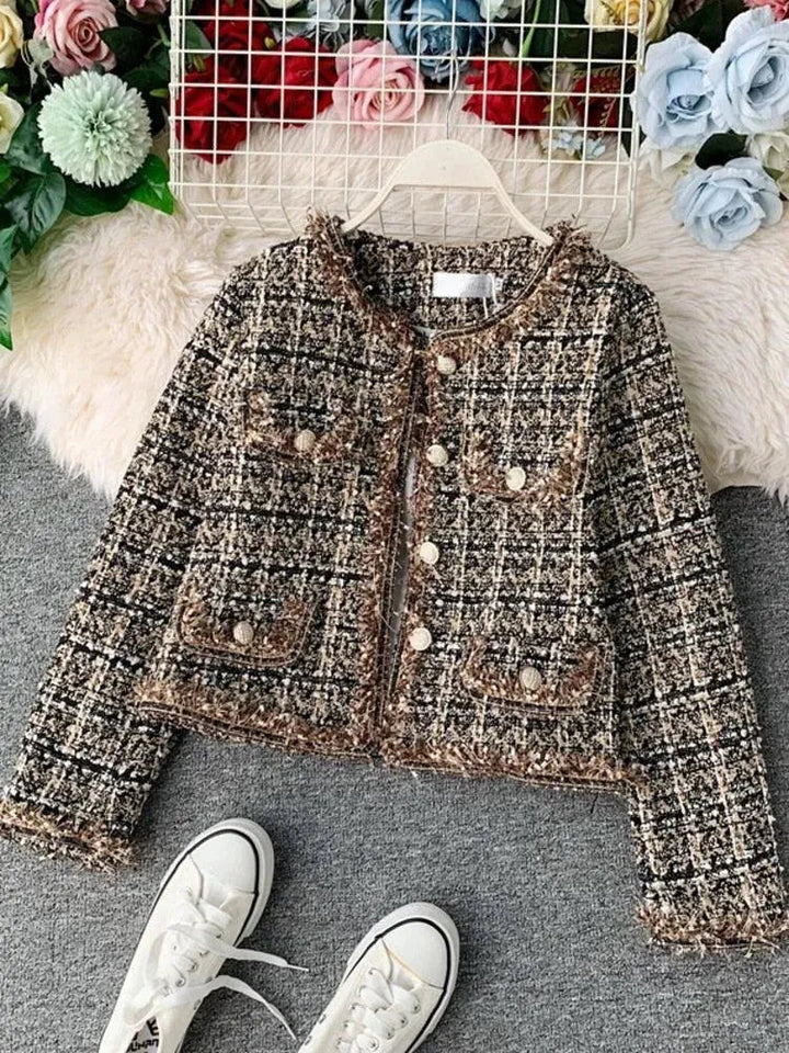 Drune | Patchwork Vintage Cropped Tweed Jacke Frauen