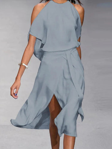 Drune | Midi Kleid Off Shoulder Wickelstil Mit Frontschlitz Elegante Fließende Passform