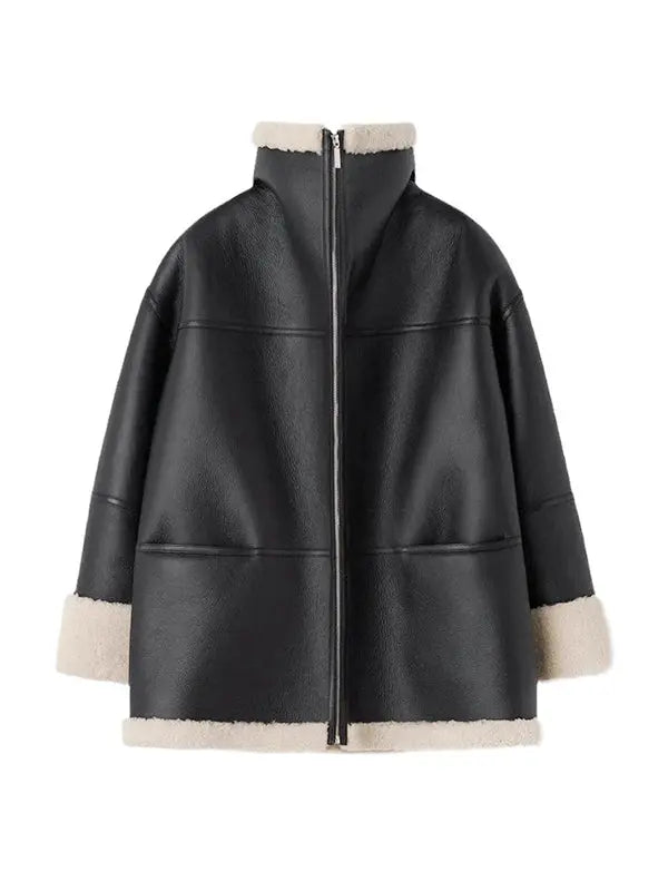 Drune | Übergröße Kunstleder Shearling Jacke in Schwarz