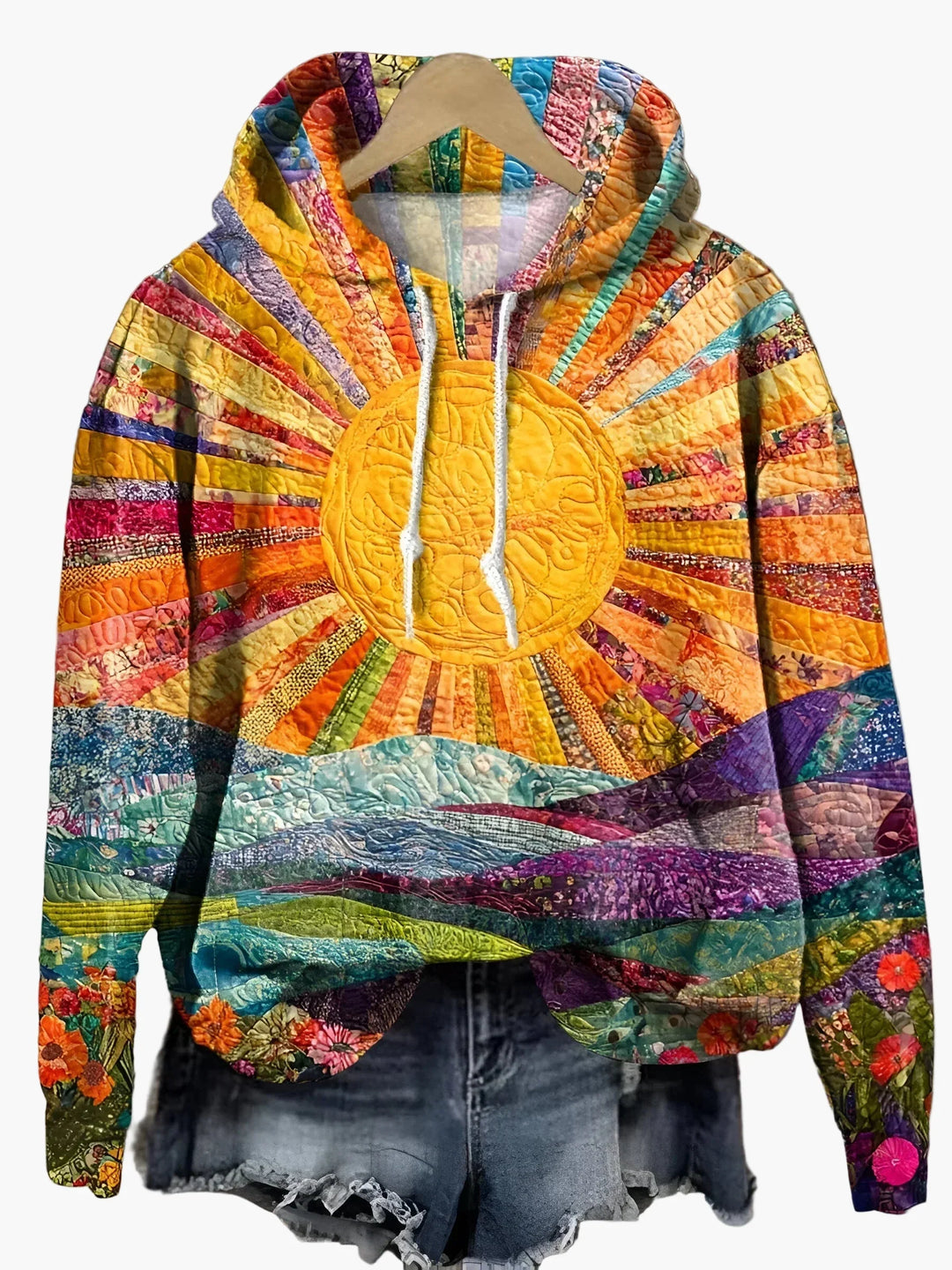 Drune | Hoodie mit Sonnenaufgang-Design, Boho Stil, Freizeit Pullover für Alltag und Festival