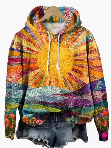 Drune | Hoodie mit Sonnenaufgang-Design, Boho Stil, Freizeit Pullover für Alltag und Festival