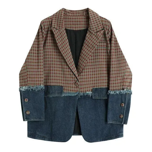 Drune | Karierte Denim Übergröße Blazer Damen - Lässig - Patchwork