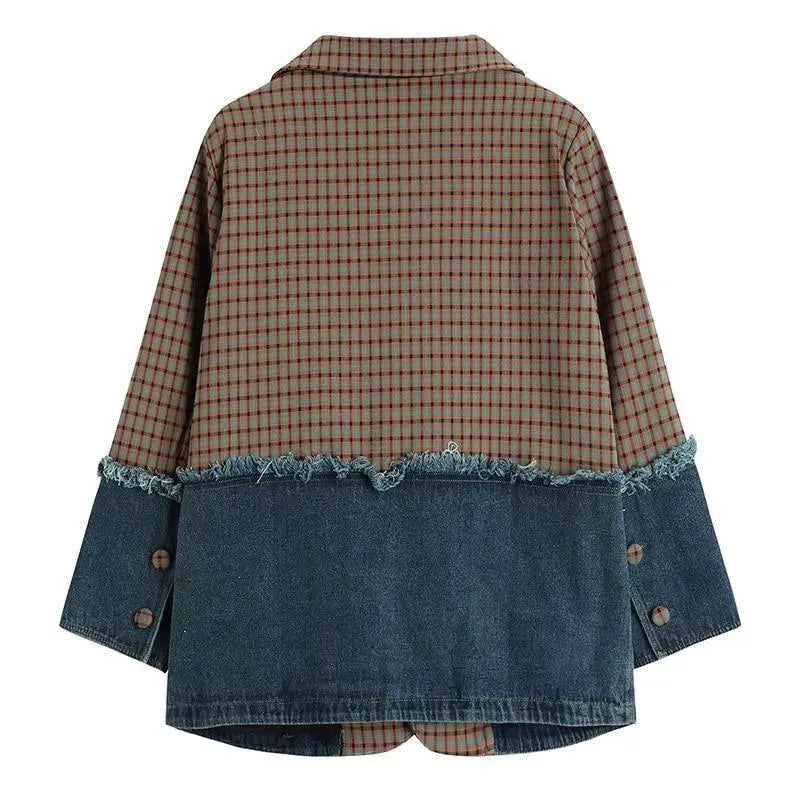 Drune | Karierte Denim Übergröße Blazer Damen - Lässig - Patchwork
