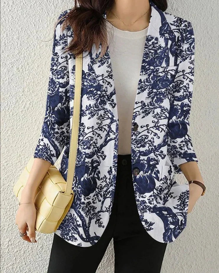 Drune | Blazer Taillierte Passform Florales Muster Leichter Baumwollmix 3/4 Ärmel