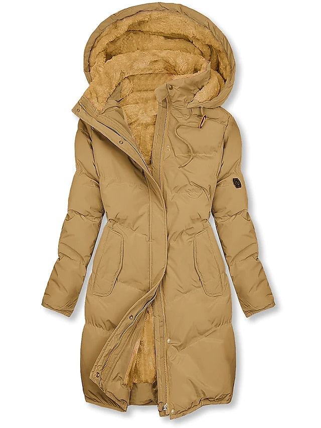 Drune | Damen Mid-Length Hoodie Mantel – Mit Fell gefüttert – Gepolstert und gesteppter – Lockere Passform