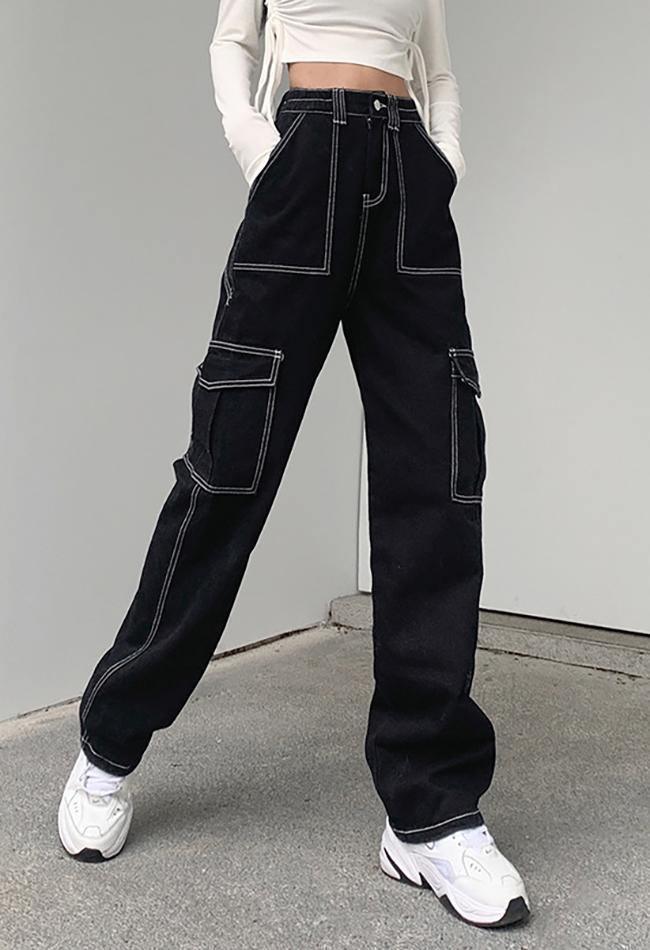 Drune | Taschenbestickte Highwaist Cargojeans