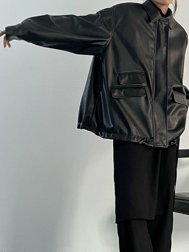 Drune | Übergroße schwarze vegane Lederjacke mit Reißverschluss