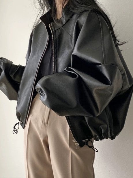 Drune | Vintage Kordelzug Veganes Lederjacke mit Kragen