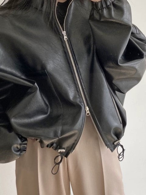 Drune | Vintage Kordelzug Veganes Lederjacke mit Kragen