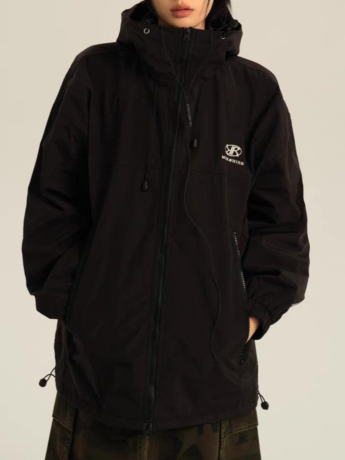 Drune | Retro schwarze wasserdichte Outdoor-Jacke mit Kapuze
