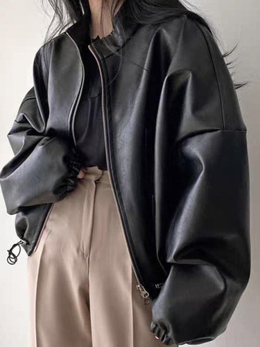 Drune | Vintage Kordelzug Veganes Lederjacke mit Kragen