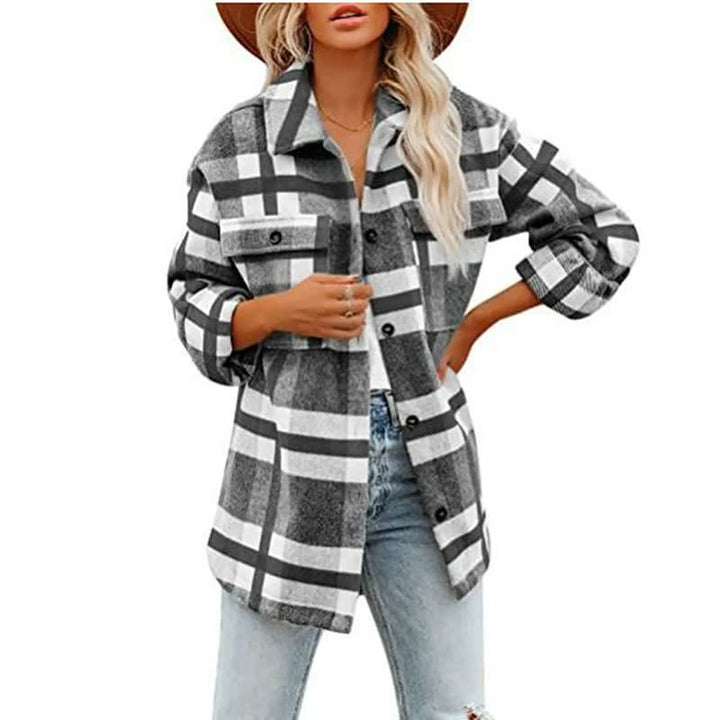 Drune | Übergröße Damen Wolljacke mit Karomuster und Taschen