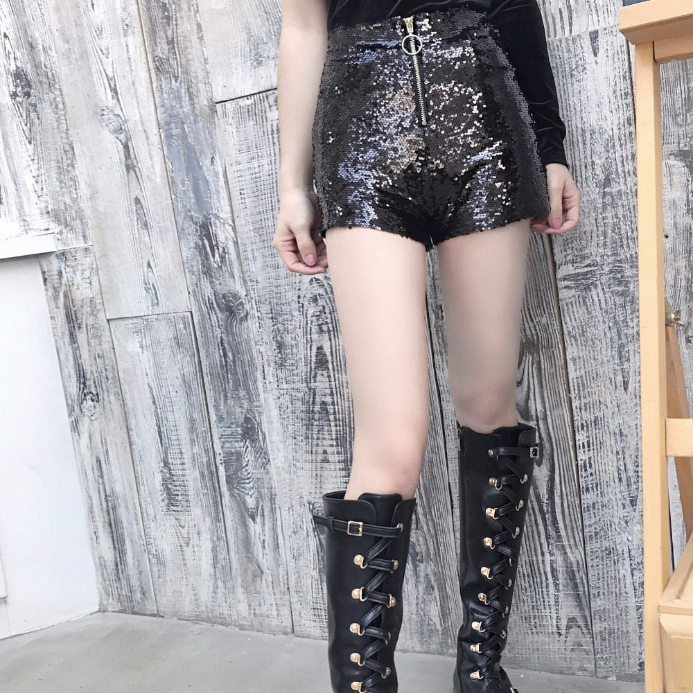Drune | Pailletten Shorts Hohe Taille Oring Reißverschluss Front Bodycon