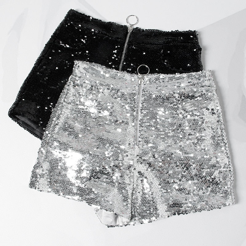 Drune | Pailletten Shorts Hohe Taille Oring Reißverschluss Front Bodycon