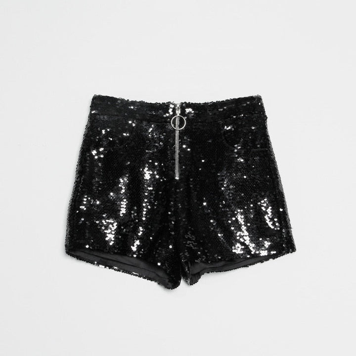Drune | Pailletten Shorts Hohe Taille Oring Reißverschluss Front Bodycon