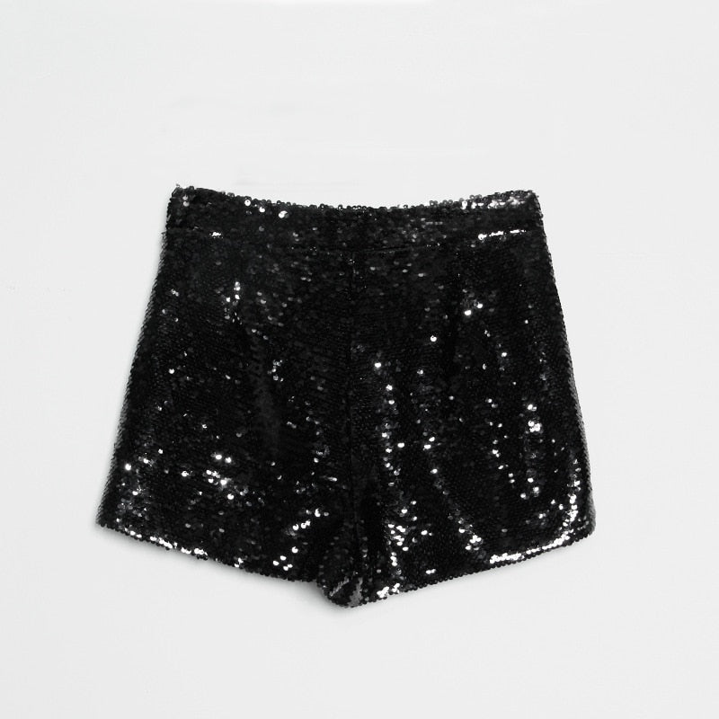 Drune | Pailletten Shorts Hohe Taille Oring Reißverschluss Front Bodycon