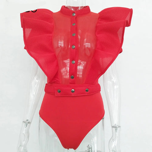 Drune | Freizeit schwarzes Rüschenschnitt Ausschnitt Kurzarm Frauen Bodysuit Top