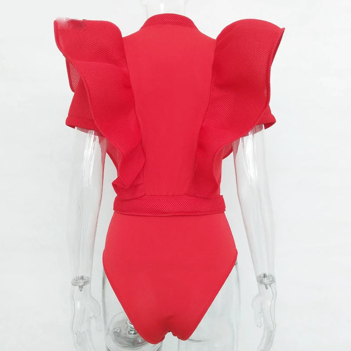 Drune | Freizeit schwarzes Rüschenschnitt Ausschnitt Kurzarm Frauen Bodysuit Top