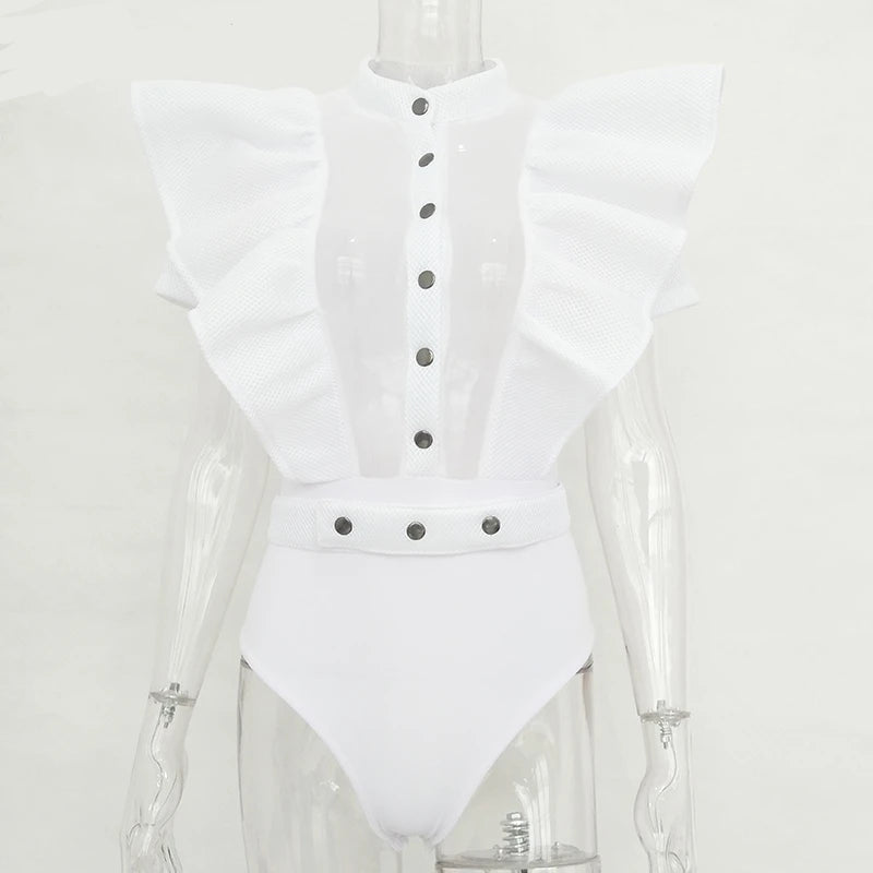 Drune | Freizeit schwarzes Rüschenschnitt Ausschnitt Kurzarm Frauen Bodysuit Top