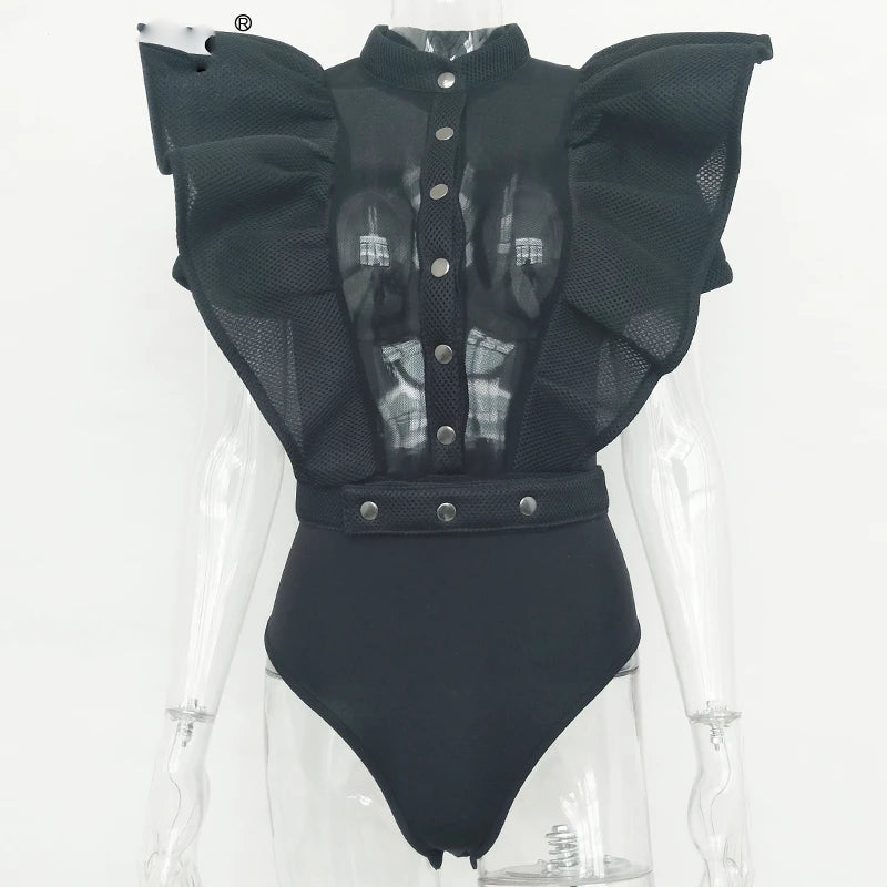 Drune | Freizeit schwarzes Rüschenschnitt Ausschnitt Kurzarm Frauen Bodysuit Top