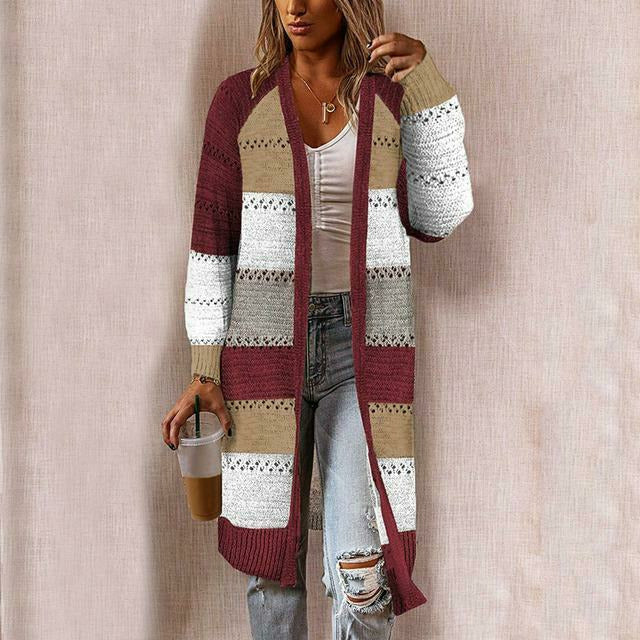 Drune | Strickjacke - Damen Herbst Lange Gestreifte Strickjacke