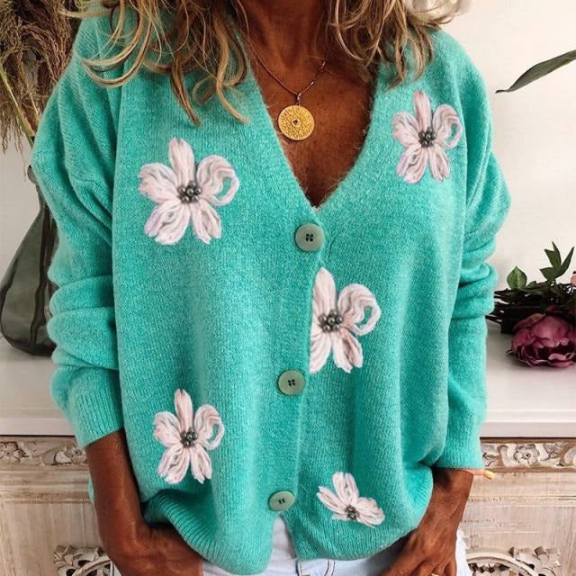 Drune | Cardigan - Damen Frühlings Blumenkarten Strickcardigan