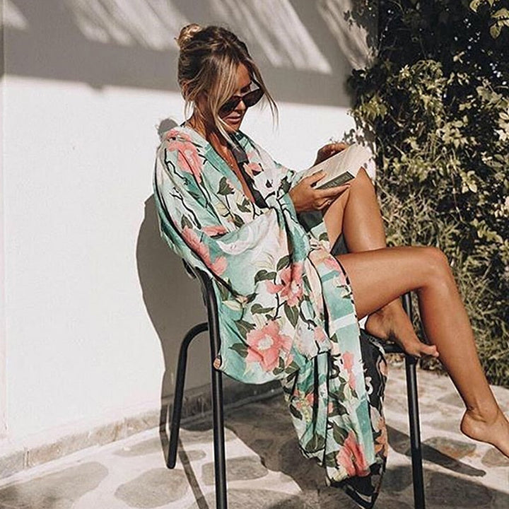 Drune | Grüner Blumenprint Kimono Strickjacke