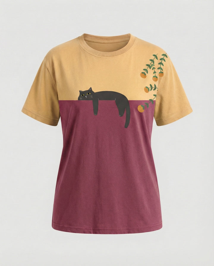 Drune - Damen Zweifarbiges Katzenmotiv T-Shirt Lockerer Schnitt