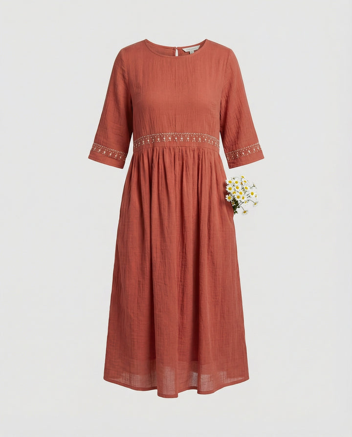 Drune - Damen Besticktes Baumwoll-Leinen Kleid, Luftig & Locker Geschnitten