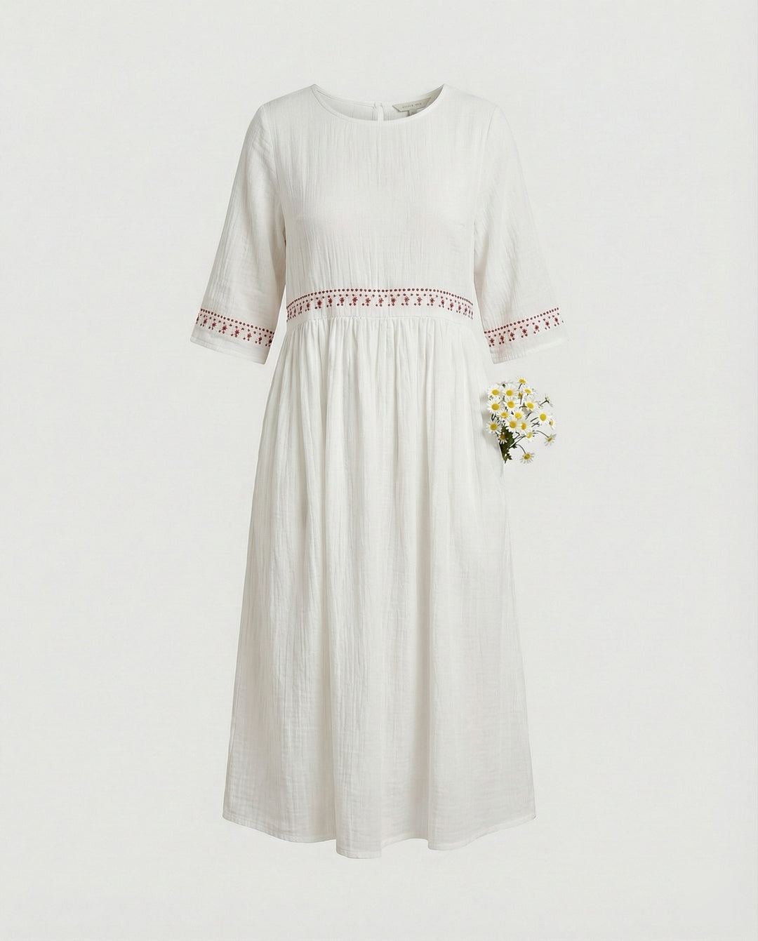 Drune - Damen Besticktes Baumwoll-Leinen Kleid, Luftig & Locker Geschnitten