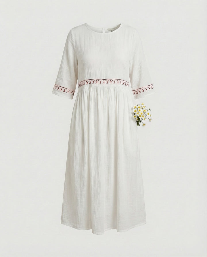 Drune - Damen Besticktes Baumwoll-Leinen Kleid, Luftig & Locker Geschnitten