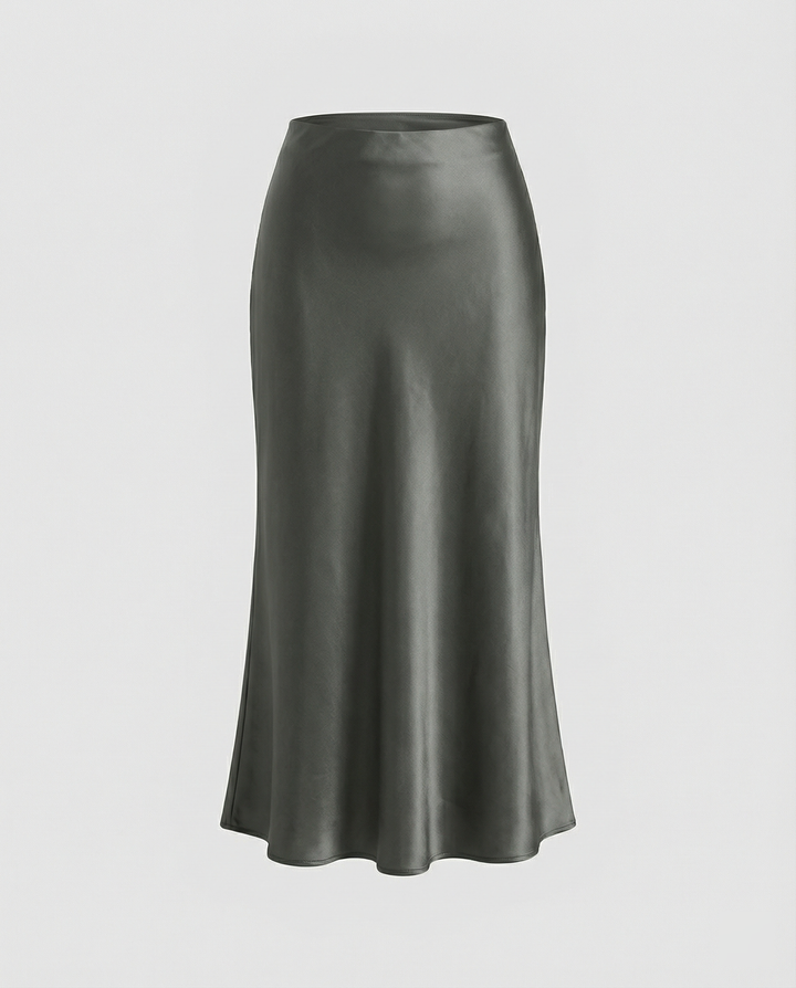 Damen eleganter Satin-Midirock mit fließendem Schnitt und hohem Bund Drune