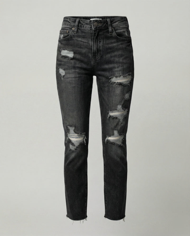 Damen Slim Fit Jeans mit Destroyed Details im Used-Look | Drune